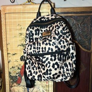 Juicy Couture Backpack Leopard Wildcat Black Tan Satin 13”Hx9”Lx4.5”D VGUC